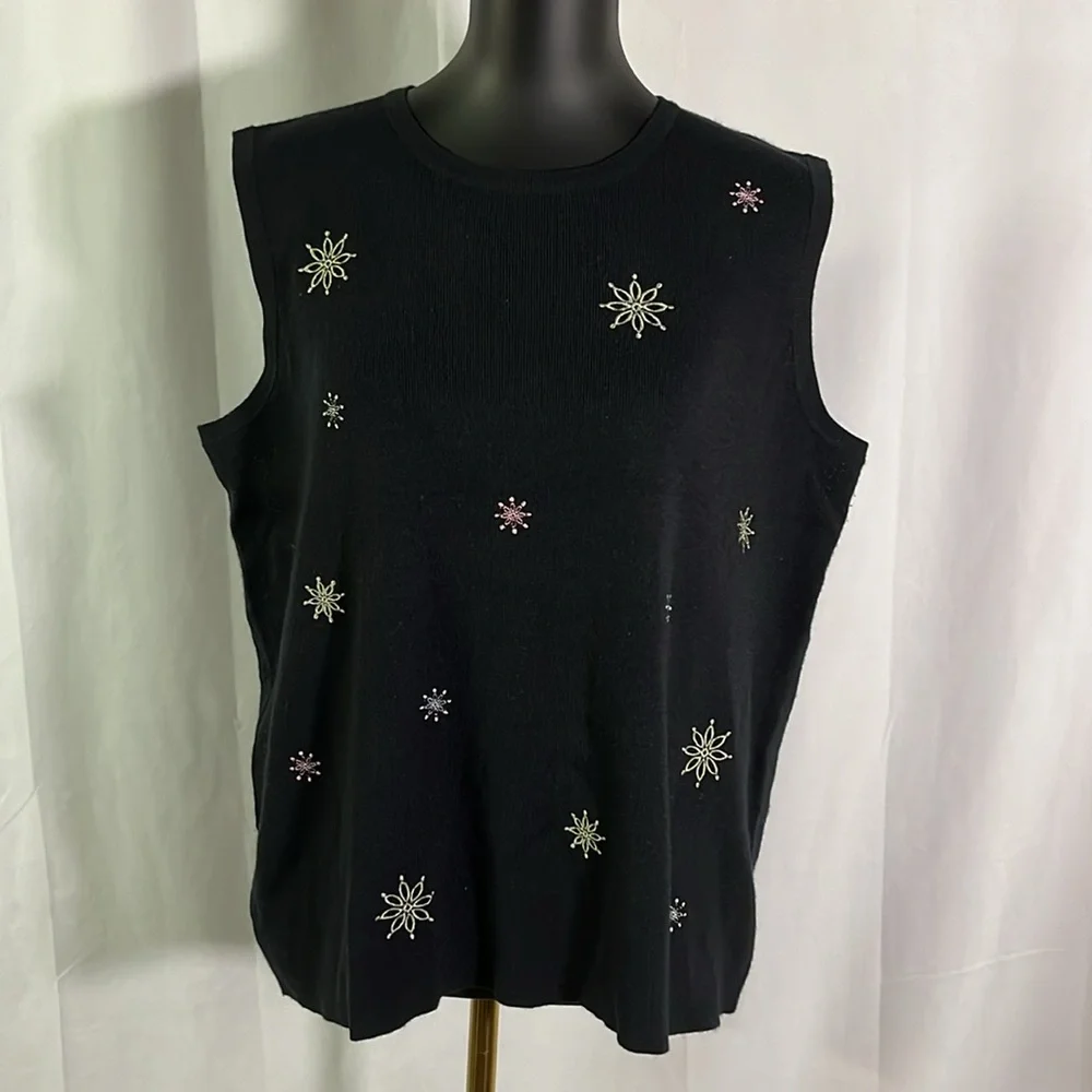 CJ Banks Black Embroidered Snowflake Print Sleeveless Shell Sweater
